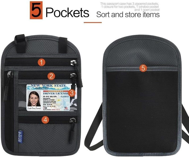 SPOSAFE 2-Pack RFID Blocking Passport Holder for Travel – Hidden Neck Wallet with Phone Pocket, Lightweight Under-Clothing Pouch Fits 7-inch phone & 2 Passports, Anti-Theft Organizer (Black & Light Gray) - Image 5